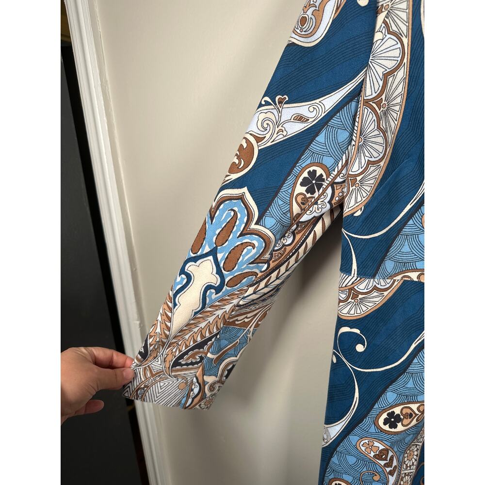 Chicos Baroque-Printed Cardigan Size 1 M Long Open Stretch Paisley Faux Suede - Picture 3 of 11